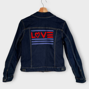 🍂🍁 EV1 Denim Jean Jacket MEDIUM Dark Wash Y2K Love Graphic